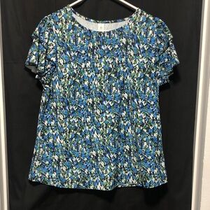 Floral Blue Women's Top With Short Ruffled Sleeves~M~